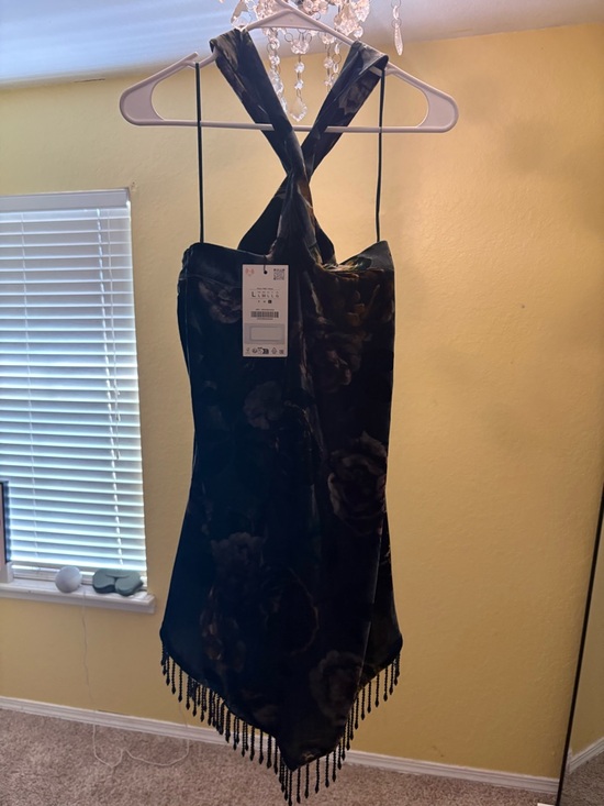 Zara Black Floral Halter Mini Dress with Beaded Fringe - Picture 2 of 3